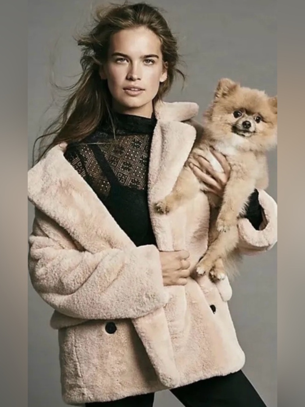 Free People Kate Faux-Fur Blush Light Pink Double Breasted Coat Size L